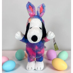 NWT Gemmy Snoopy Easter Bunny Porch Greeter Plush Large Peanuts Rainbow Tie Dye